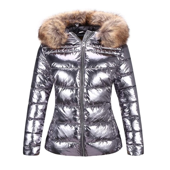 Lightweight Puffer Jacket Warm Coat Hooded with Fur Collar Silver - Picture 1 of 6
